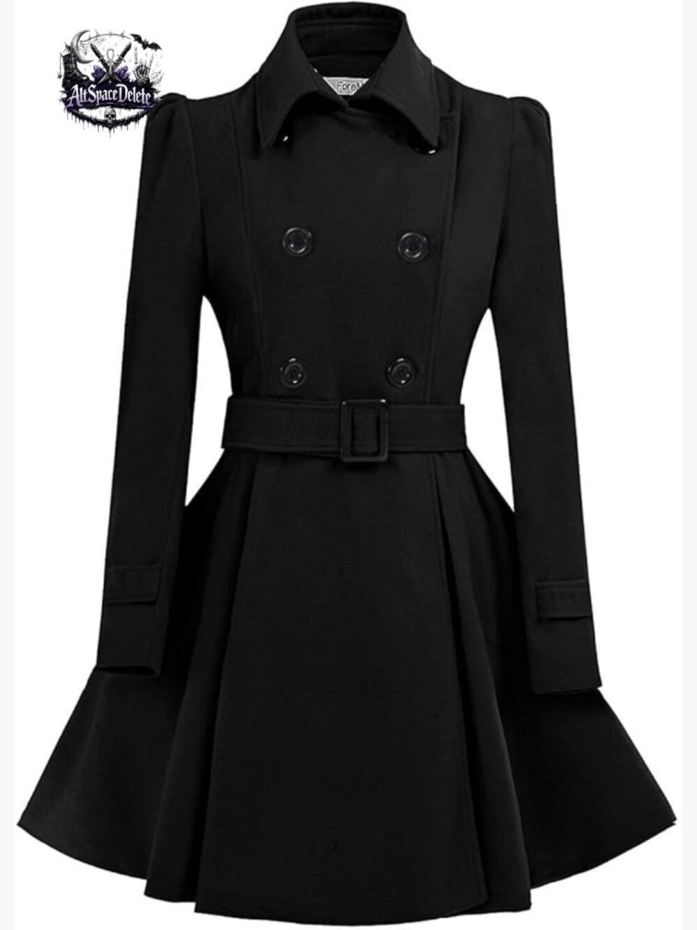 Wool Pea Coat with Belt, Double Breasted, Long Sleeve, Fitted Flare